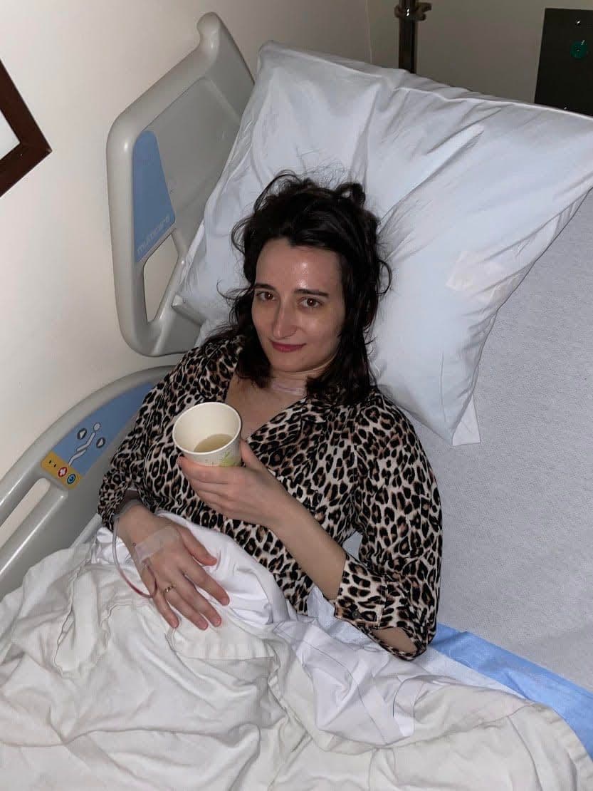 Sophie Kihm at the hospital for thyroid cancer surgery.