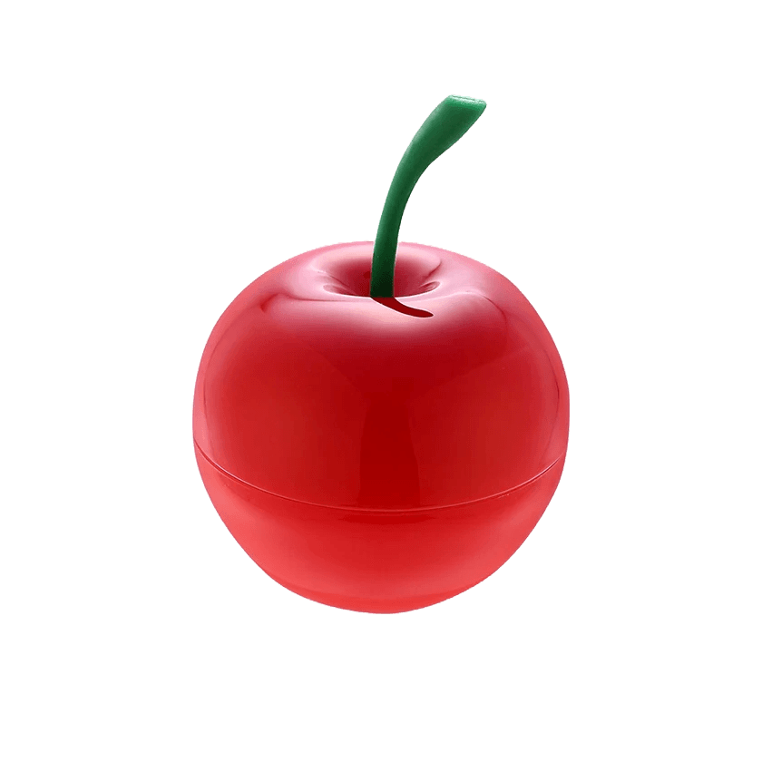 A small lip balm in the shape of a red cherry.