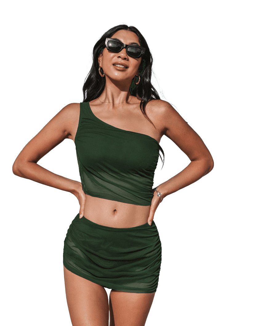 Eucalyptus Asymmetrical Ruched Bikini Top & Skirt Bottoms Set